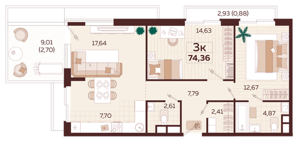 Квартира 74,4 м², 3-комнатная - изображение 1