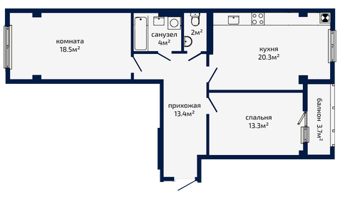 Квартира 73,4 м², 2-комнатная - изображение 1