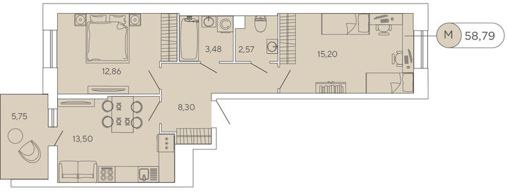 Квартира 58,8 м², 2-комнатная - изображение 1