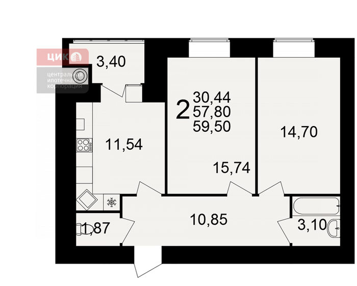 59,5 м², 2-комнатная квартира 5 176 500 ₽ - изображение 1