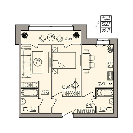 56,3 м², 2-комнатная квартира 7 883 400 ₽ - изображение 1