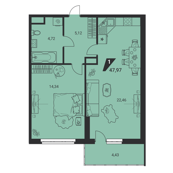 48 м², 1-комнатная квартира 7 495 481 ₽ - изображение 1