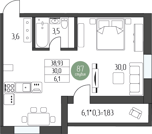 43,2 м², квартира-студия 5 761 640 ₽ - изображение 1