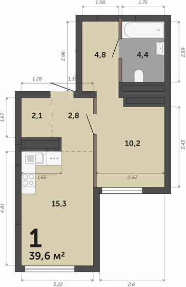 39,6 м², 1-комнатная квартира 5 880 600 ₽ - изображение 1