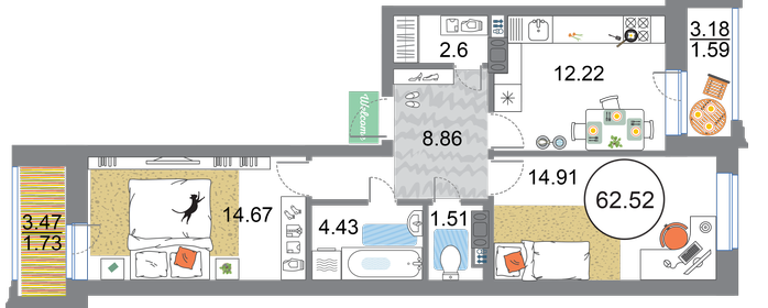 65,1 м², 2-комнатная квартира 14 643 000 ₽ - изображение 11