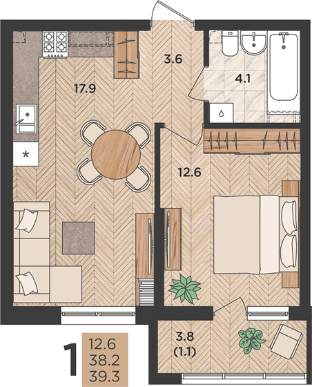 39,3 м², 1-комнатная квартира 6 248 700 ₽ - изображение 1