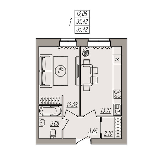 35,4 м², 1-комнатная квартира 4 781 700 ₽ - изображение 1
