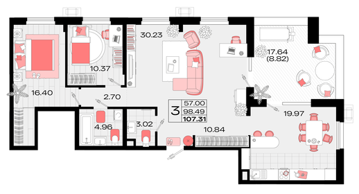 Квартира 107,3 м², 3-комнатная - изображение 1