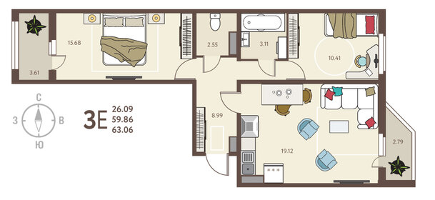 Квартира 63,1 м², 2-комнатная - изображение 1