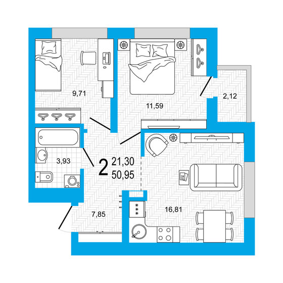 51 м², 2-комнатная квартира 7 693 450 ₽ - изображение 1