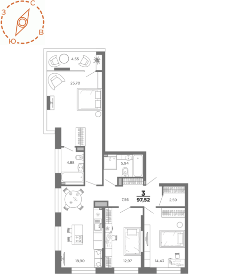 97,5 м², 3-комнатная квартира 13 331 950 ₽ - изображение 1