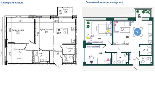 Квартира 74,5 м², 2-комнатная - изображение 1