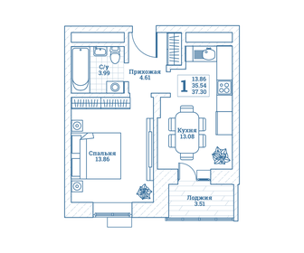 Квартира 37,3 м², 1-комнатная - изображение 1