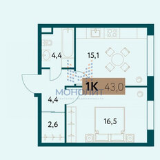 Квартира 42,9 м², 1-комнатная - изображение 3