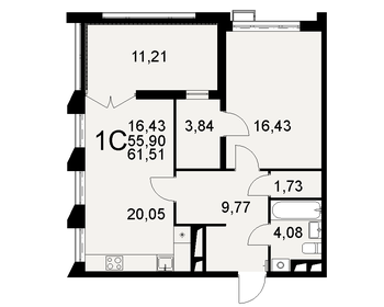 Квартира 61,5 м², 1-комнатная - изображение 1