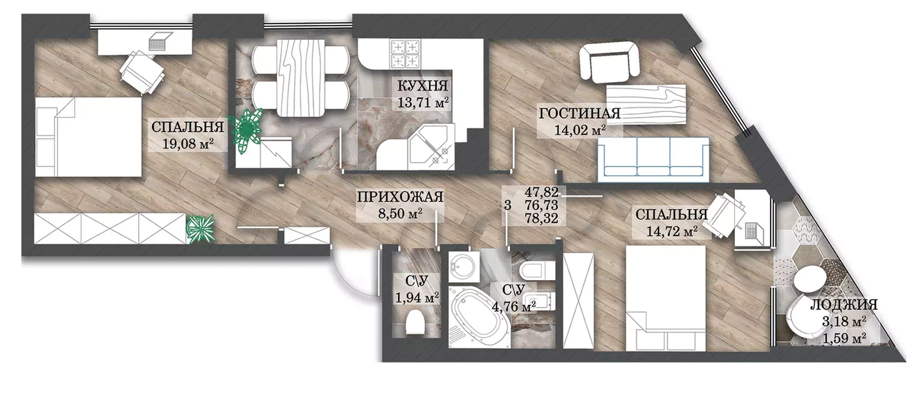 78,3 м², 3-комнатная квартира 9 790 000 ₽ - изображение 1