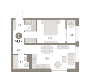 Квартира 51,1 м², 1-комнатная - изображение 1