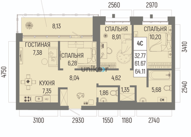 Квартира 61,7 м², 4-комнатная - изображение 1