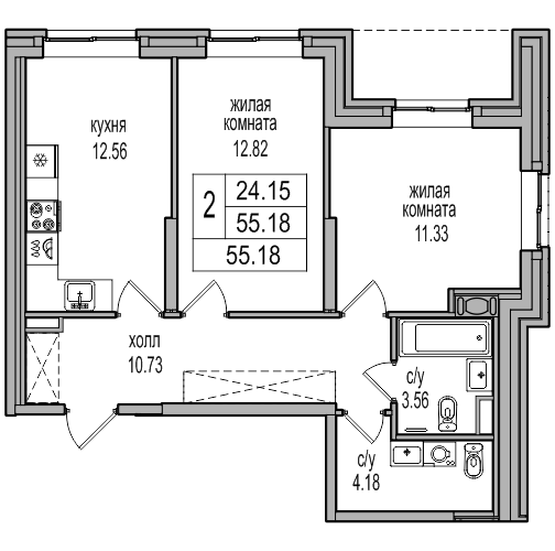 55,2 м², 2-комнатная квартира 10 500 754 ₽ - изображение 1