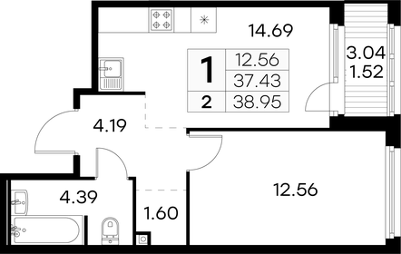 Квартира 39 м², 1-комнатная - изображение 1