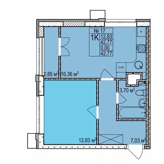 42,8 м², 1-комнатная квартира 7 320 000 ₽ - изображение 1