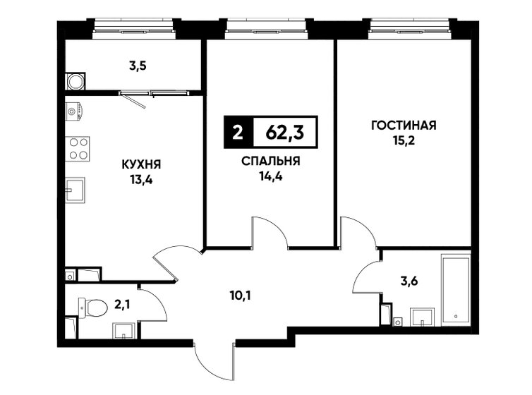 62,3 м², 2-комнатная квартира 5 544 700 ₽ - изображение 1