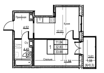 Квартира 33,9 м², 1-комнатная - изображение 1