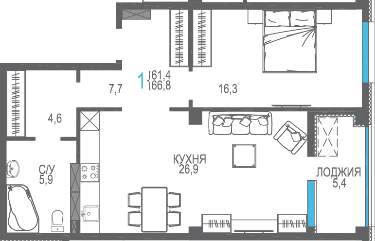 66,8 м², 1-комнатная квартира 9 752 800 ₽ - изображение 1