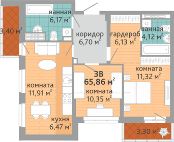 65 м², 3-комнатная квартира 8 500 000 ₽ - изображение 65