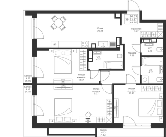 Квартира 96,6 м², 3-комнатная - изображение 1