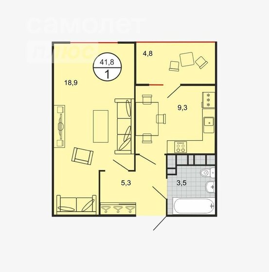 41,8 м², 1-комнатная квартира 4 300 000 ₽ - изображение 1