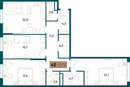 Квартира 107,2 м², 4-комнатная - изображение 1