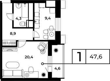 Квартира 47,6 м², 1-комнатная - изображение 1