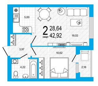 Квартира 42,9 м², 2-комнатная - изображение 1