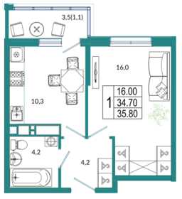 Квартира 36,1 м², 1-комнатная - изображение 1