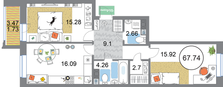 68,2 м², 2-комнатная квартира 20 991 960 ₽ - изображение 12