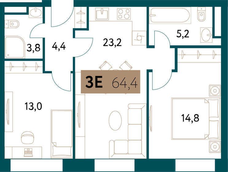64,3 м², 3-комнатная квартира 38 051 388 ₽ - изображение 1