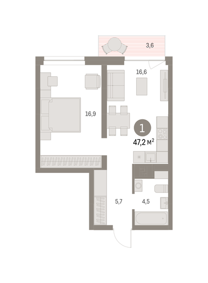 47,2 м², 1-комнатная квартира 9 650 000 ₽ - изображение 1