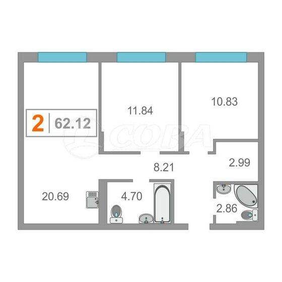 60,4 м², 2-комнатная квартира 5 600 000 ₽ - изображение 1