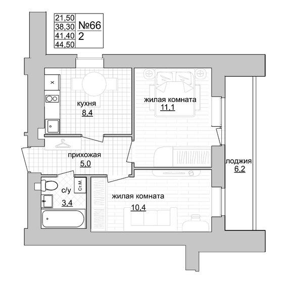 41,4 м², 2-комнатная квартира 6 003 000 ₽ - изображение 1