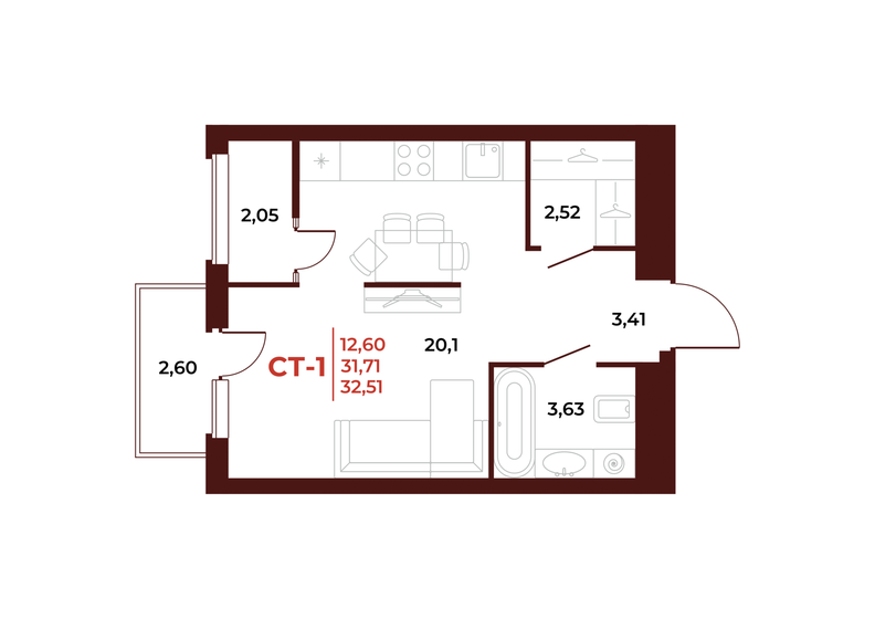 32,5 м², квартира-студия 3 966 220 ₽ - изображение 1