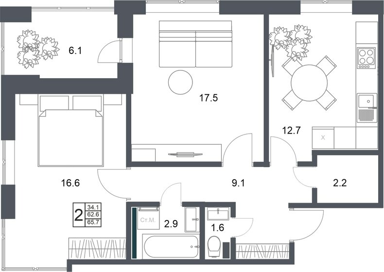 65,7 м², 2-комнатная квартира 6 399 180 ₽ - изображение 1