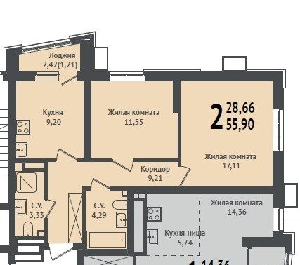 55,9 м², 2-комнатная квартира 8 656 000 ₽ - изображение 1