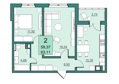 62,4 м², 2-комнатная квартира 5 307 400 ₽ - изображение 48