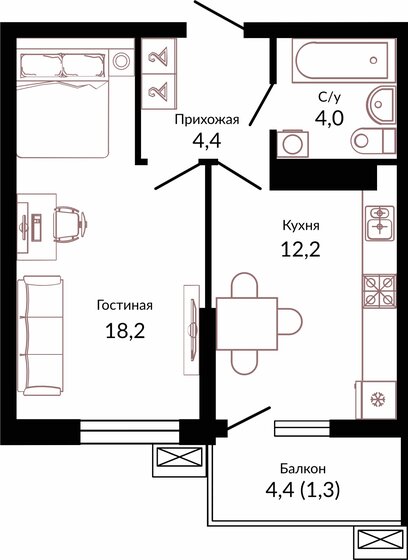 40,1 м², 1-комнатная квартира 5 910 740 ₽ - изображение 1