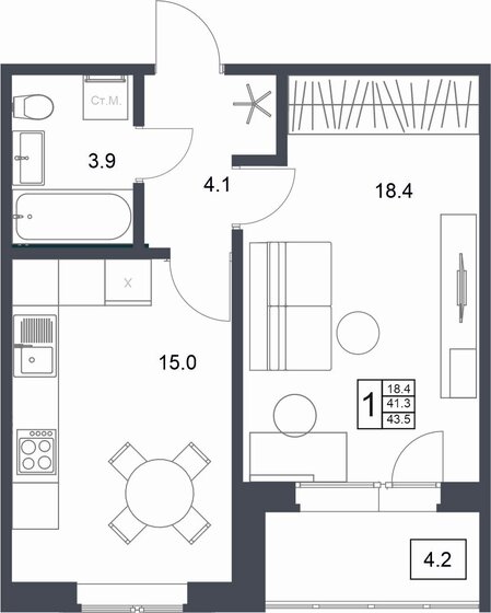 43,5 м², 1-комнатная квартира 4 554 450 ₽ - изображение 1