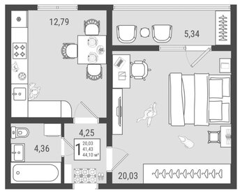 Квартира 44,1 м², 1-комнатная - изображение 1