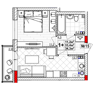 Квартира 34,3 м², 1-комнатная - изображение 1