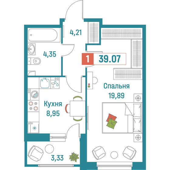 39,1 м², 1-комнатная квартира 7 395 951 ₽ - изображение 33