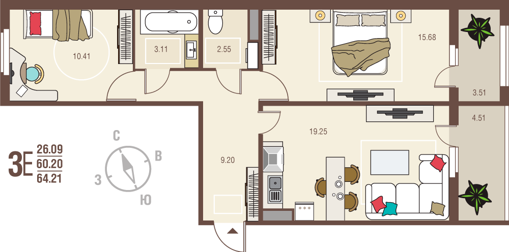 64,2 м², 2-комнатная квартира 6 292 580 ₽ - изображение 1